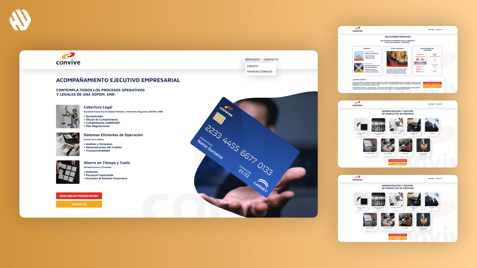 Convive brand credit card mockup held over website interface design presentations on screen.